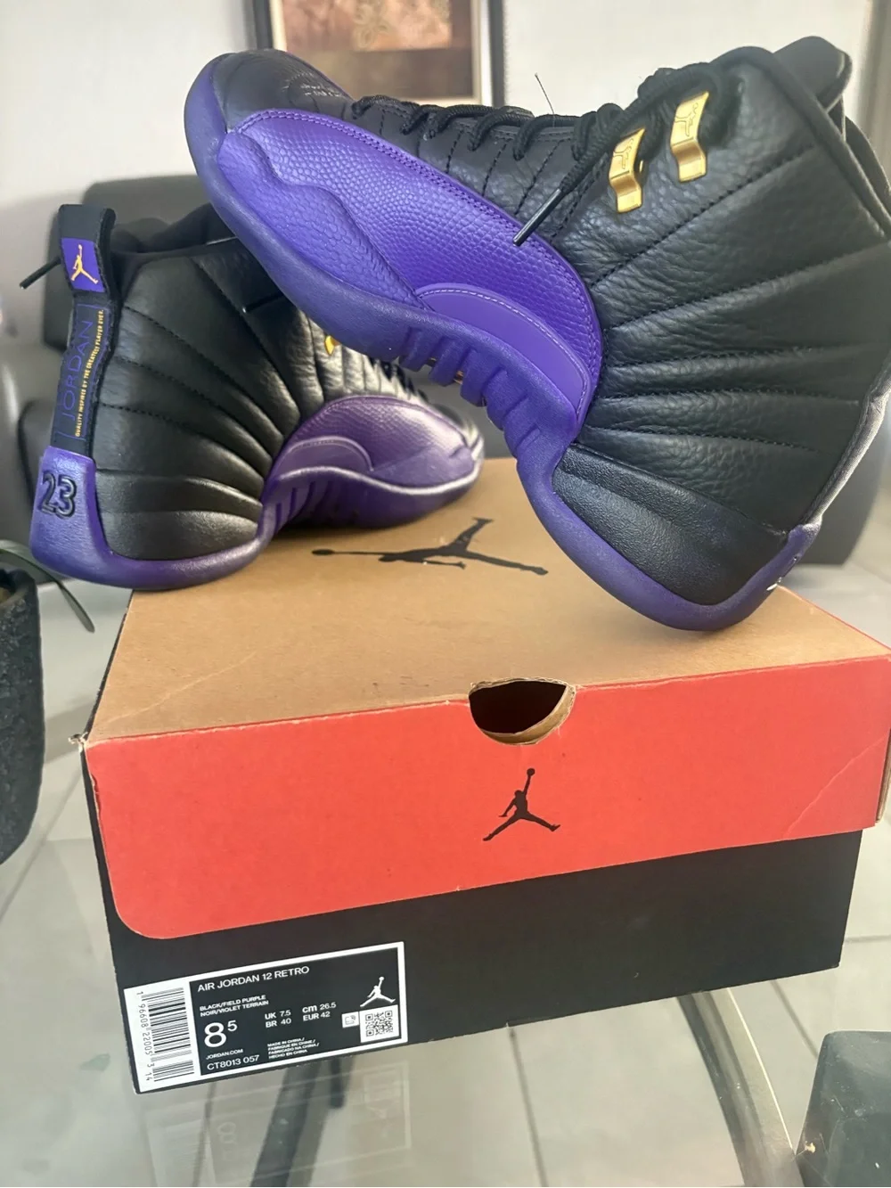 Jordan Retro High-Top Sneakers in Black and Purple with Gold Eyelets